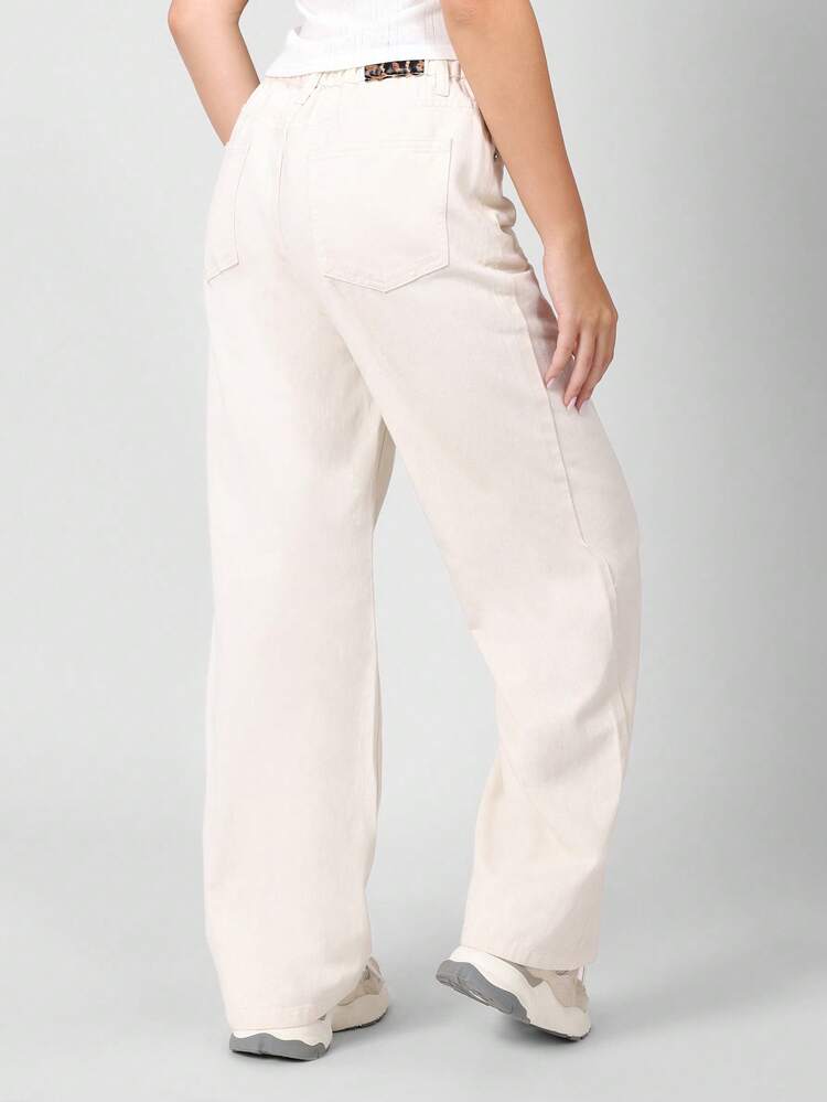 Wide Leg High Rise Denim Pants With Asymmetric Waistband