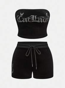 ROMWE J-Fashion Conjunto de 2 peças Y2K com letras de gato sexy e strass, decoração de veludo, top tipo bandeau e shorts de veludo com cordão na cintura, para mulheres - Preto - Ver 1