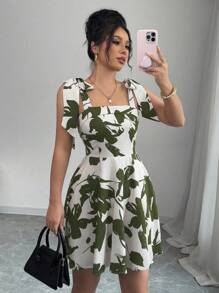 Elenzga 女式休闲时尚全身印花宽肩带束腰宽松吊带连衣裙 - 軍綠色 - 查看 4