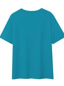 EMERY ROSE Plus Size Women's Funny Slogan T-Shirt ""Not My Circus Not My Monkeys"" Letter Print,Blue And White,Summer,Casual,Everyday Crew Neck Short Sleeve Tee - Teal Blue - View 2