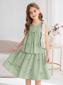 SHEIN Tween Girl Casual Solid Color Round Neck Sleeveless Top & Mini Skirt 2Pcs Set - Mint Green - View 3