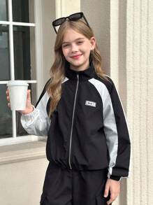 SHEIN Jaket Baseball Kerah Tegak dengan Warna Kontras untuk Remaja Perempuan, Kasual dan Serbaguna, Cocok untuk Kembali ke Sekolah, Cocok untuk Ibu dan Anak, Musim Gugur dan Musim Dingin - Hitam dan Putih - View 9
