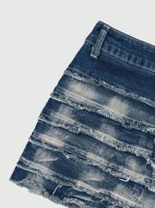 ROMWE Grunge Punk Y2K Distressed Multi-Layer Frayed Patchwork Low Waist Denim Mini Skirt With Stretch Leggings - Navy Blue - View 4