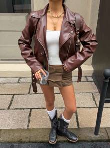 SHEIN EZwear Chaqueta marrón de motorista con cuello de solapa, manga larga y cremallera delantera, para otoño - Café integral - Ver 6