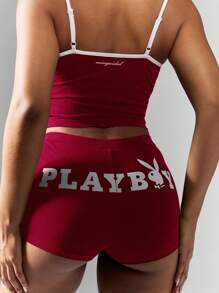 Missguided x Playboy Christmas Crop Tank Top Booty Shorts Active Two Piece Outfit Retro Streetwear Spring Summer Set Fitness Studio Gym Wear Stretch - Red and White - View 4