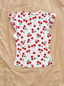 Soleia WYWH Vacation Ruffle Trim Ribbed White Knit Tee Cherry Shirt Cherry Top Cute Summer Tops Fruit Shirt Cute Short Sleeve Tops - Multicolor - View 2