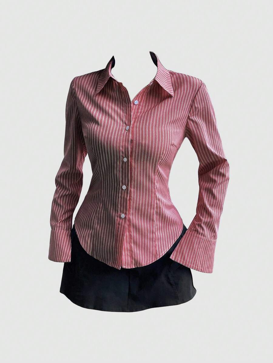 Sweetra Women's Long Sleeve Button-Down Casual Fitted Striped Shirt Fall Cloth For Women
