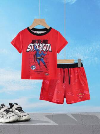 SUPERMAN X SHEIN Young Boy Summer Casual Superhero Contrast Trim Round Neck Short Sleeve T-Shirt And Shorts Set