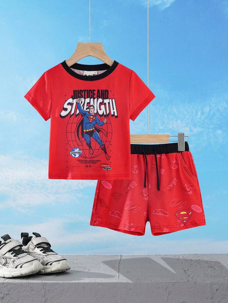 SUPERMAN X SHEIN Young Boy Summer Casual Superhero Contrast Trim Round Neck Short Sleeve T-Shirt And Shorts Set - Multicolor - View 1