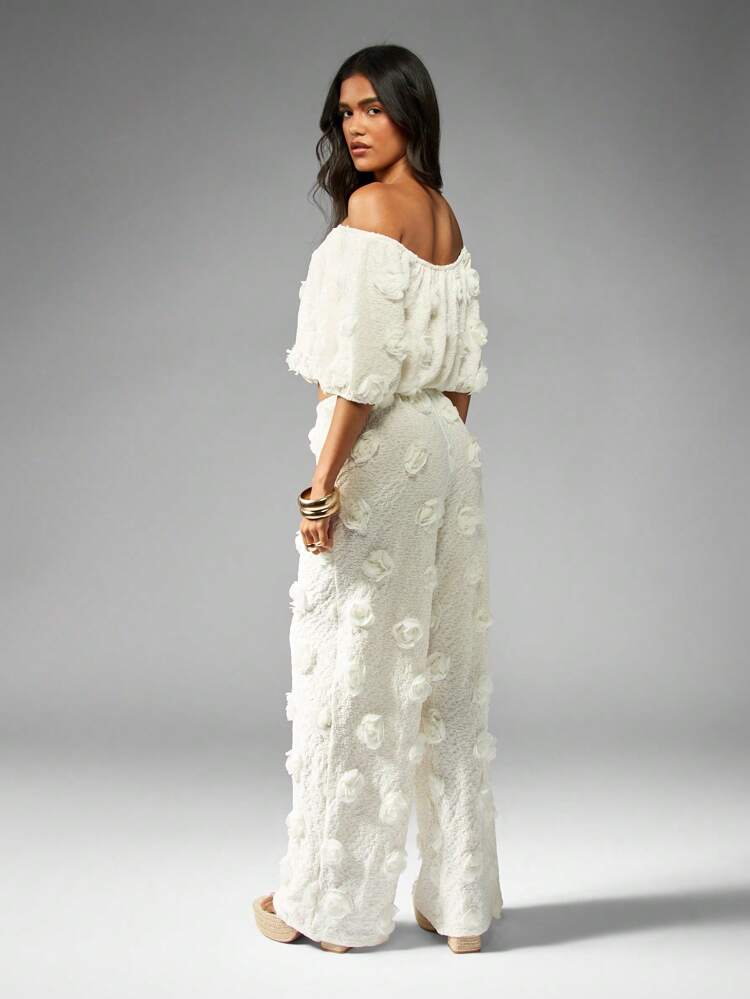 MISSGUIDED Floral Applique Off Shoulder Crop Top Wide Leg Pants Matching Festival Summer Spring Beach Boho Wedding Guest Garden Party Occasion Wear Coordinates