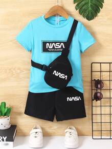 SHEIN Set de 3 piezas para niños pequeños: camiseta casual linda, pantalones cortos y bolsa, estilo deportivo de moda para la calle, para primavera y verano, escapada, vacaciones, viajes, relajación, tomar el sol