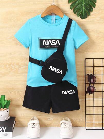 SHEIN 3pcs/Set Toddler Boys Casual Cute T-Shirt, Shorts And Bag Set, Fashion Sports Street Style, Spring & Summer Getaway, Holiday, Travel, Relax, Sunbathing, School, Campus, College Summer Holiday