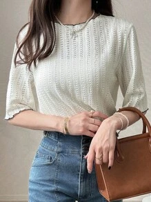 FRIFUL Women's Mesh Hollow Contrast Color Frill Trim Relaxed Fit Casual Cute Loose Short Sleeve T-Shirt, Spring/Summer Eyelet Top Summer Tops Short Sleeve Tops Knit Tops Women Tops - Beige - View 2