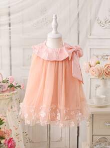 Baby Girl Cute Summer Apricot Mesh Bowknot Dress - Pink - View 6