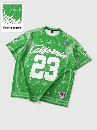 Prep Herren Sommer Neues Design Kurzarm T-Shirt mit Vollaufdruck, Strass-Verzierung, Amerikanischer Sportstil mit Nummern und Englisch, auffälliger rosa Sporttrikotdruck mit großem weißem Schriftzug "California" und Nummer "23" Logo