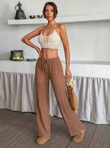 EURMUSE Damen einfarbige Lange Hose mit Kordelzug, minimalistisch, für den täglichen Gebrauch