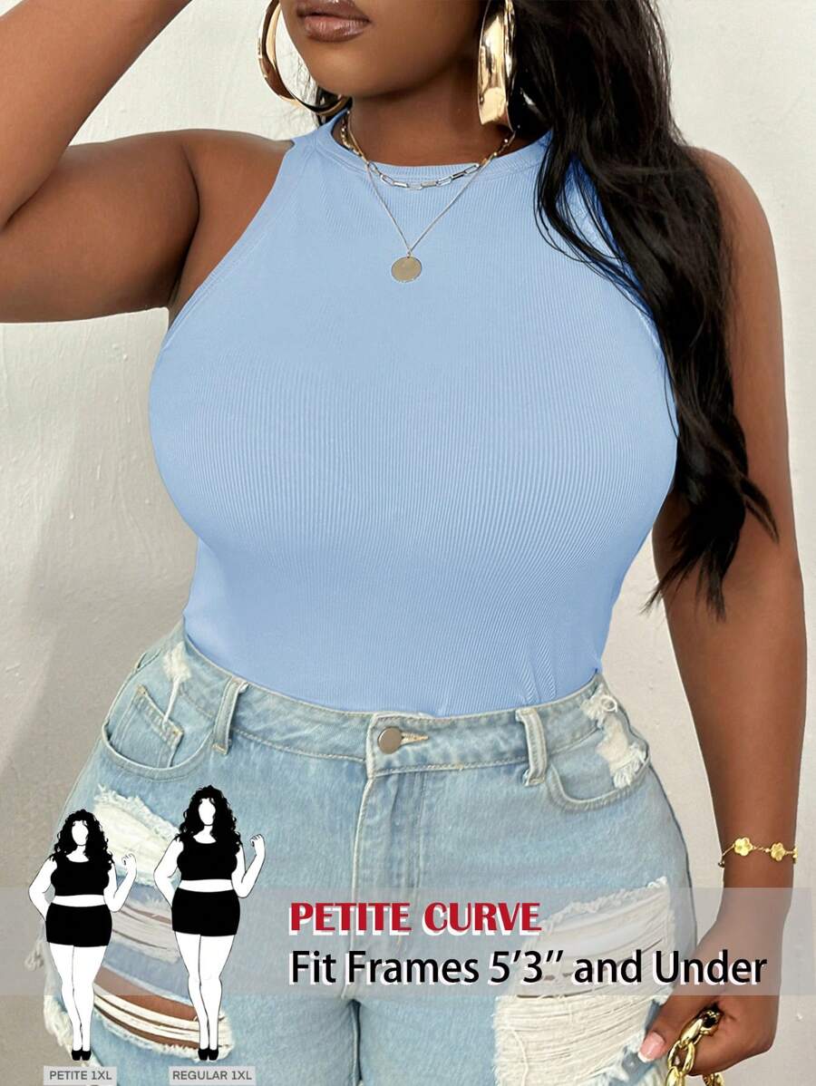 SHEIN PETITE CURVE 大码休闲修身白色圆领背心 - 淺藍色 - 查看 1