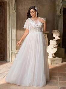 Aureia 加大码优雅浪漫奢华白色串珠亮片装饰连衣裙，飘逸荷叶边裙，适合晚会、派对、婚礼、蜜月、新娘 - 白色 - 查看 5