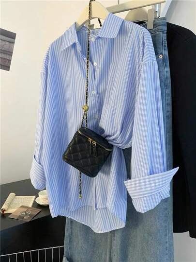 Franclia Women's Stripe Print Front Button Casual Long Sleeve Shirt Fall Cloth For Women