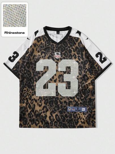 Prep Herren Street Hip-Hop Amerikanische Stadt Slogan Grafik, Vintage Tier- & Leopardenmuster Kurzarm T-Shirt, geeignet für lässigen Alltag, Frühling/Sommer