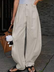 DAZY 女士宽松纯色带口袋萝卜裤，休闲秋季长裤 - 淺灰色 - 查看 3