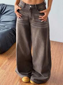 Coolane 少女休闲宽松水洗阔腿牛仔裤 - 棕色 - 查看 4