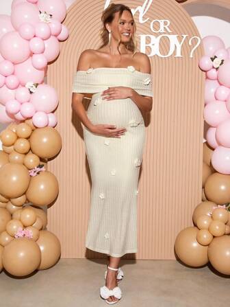Loomaby Elegant 3D Floral Decor Off-Shoulder Maternity Dress For Party,Gender Reveal Dress,Maternity Dress,Maternity Dress,Wedding Guest Dress Women,Wedding Guest Dress ,