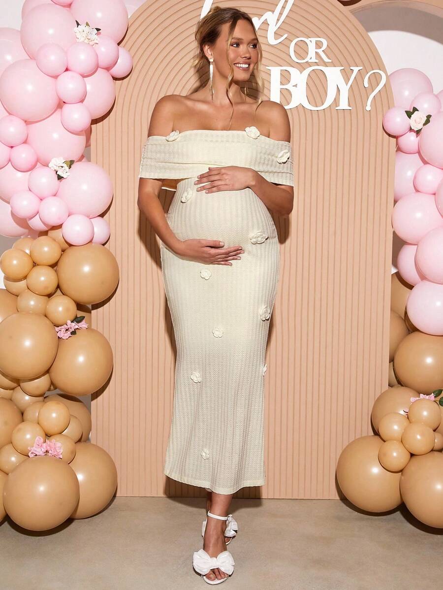 Váy bầu trễ vai họa tiết hoa dự tiệc thanh lịch - Màu be - Xem 1