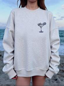 Veykashi 休闲度假简约印花图案宽松圆领长袖运动衫，大码女款，鸡尾酒印花，适合海滩灰色运动衫女款运动衫，返校节、返校节、夜间外出上衣秋冬