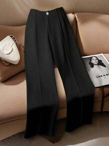 Franclia 大码女式白色休闲西装裤，松紧腰直筒口袋设计工作服长裤 - 黑色 - 查看 1