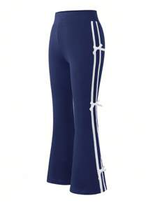 Tween Girls Casual American College Style Green Striped Pants Fall Winter - Navy Blue - View 7