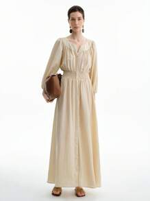 Aalyst 女士优雅斜条纹亚麻度假通勤休闲圆领镂空腰部 A 字高开叉泡泡袖中长连衣裙，春夏秋季