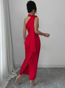 SHEIN PETITE Elegant Crinkle Satin Color Dressing Apricot Color French Vacation Dress, Ruched Waist Bodycon Dress, Fashionable Asymmetric Sleeveless Sash Dress