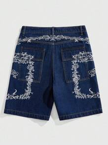 ROMWE MEN Street Life Quần short denim Bermuda ống rộng thêu hoa cho nam - Màu xanh lam - Xem 1