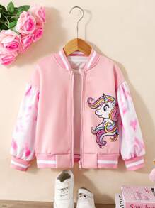 Back To School Fall Clothes Young Girl Cute Unicorn Tie-Dye Graphic Baseball Jacket, Sweet & Adorable For Autumn Winter