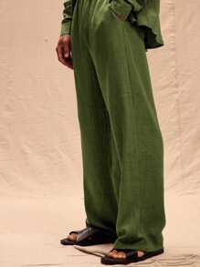 Musero Men Oversized Linen Pants Only Spring Summer Vacation Easter - Olive Green - View 3