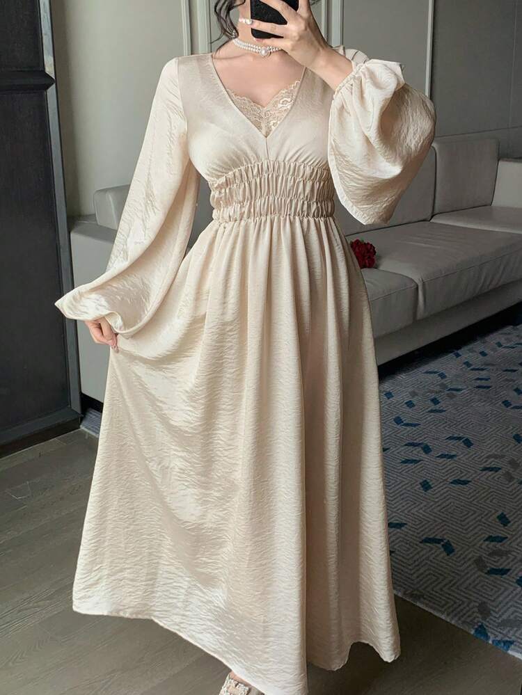 Beige Elegant Women A-Line Long Dress,Hollow Lace Panel Patchwork Puff Sleeve Waist Cinched Dress For Party,OL,Graduation,Autumn Date,Spring,Summer