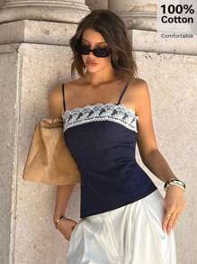 Siren Gaze 2025 Women's New Design Lace Trim Camisole Tank, Minimalist Sexy Short Tube Top Lace Trim Tops Neckline Lace Trim Tops Cotton Tops Women's Spaghetti Strap Square Neck Tops 100%Cotton Crochet Top Women Lace Top Summer Casual Blue - Navy Blue - View 5