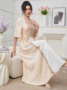 SHEIN Najma Color Blocked Embroidery Trim Lace Up Short Sleeve Dress For Women - Multicolor - View 7