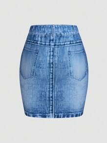INAWLY Women Denim Print Bodycon Skirt - Blue - View 2
