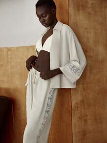 Lumivelle 2pcs/Set Women Casual Cardigan Shirt & Lace Hem Pants - Khaki - View 6