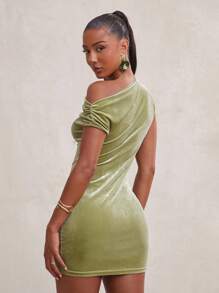 NYA SZN Vestido asimétrico de manga corta, ajustado, para club, fiesta nocturna, evento, vacaciones, ocasión especial, salida, de longitud mini, de terciopelo, para primavera y verano, para mujeres - Verde - Ver 2