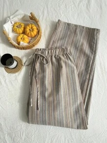 Comfortcana 棉麻纹理条纹系带腰部舒适休闲大码裤子 - 彩色 - 查看 5