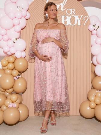 Loomaby 孕妇植物刺绣网眼露肩喇叭袖优雅连衣裙