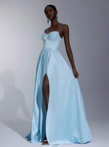 Glamrae Váy satin xanh sang trọng cổ điển với phần ngực xếp nếp, cà vạt có thể điều chỉnh được đính ngọc trai ở phía sau, chân váy chữ A xẻ phía trước, phù hợp cho những dịp trang trọng, tiệc tùng và vũ hội - Màu xanh lam - Xem 1