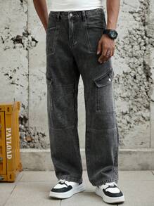 Manfinity Roughcore 街头时尚大口袋工装牛仔裤，水洗男士牛仔裤 - 灰色 - 查看 3