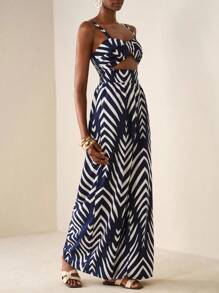 Zivah 2025 新款夏秋休闲度假扭纹吊带镂空后背印花女长款连体衣，藏青色，婚礼季，派对，度假，海滩海边度假，波西米亚风，毕业装，日常旅行，早午餐装，旅行，机场装 - 藏蓝色 - 查看 4