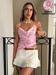 Siren Gaze Sequin Embroidered Cami Top,Rave Festival,Ibiza, Pink Sequin Top,Island Vacation, Elegant Top, Cute Top Summer Pink Casual - Pink - View 4