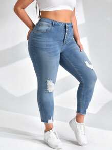 SHEIN CURVE+ Frauen Große Größen Cowgirl Stil Herbst elastische hellblaue abgenutzte ausgefranste Saum Skinny Jeans