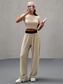 EURMUSE 女士纯色纹理针织面料两件套短袖短款 T 恤搭配撞色松紧带和阔腿休闲裤慢跑裤搭配撞色松紧带周末装 - 米色 - 查看 1